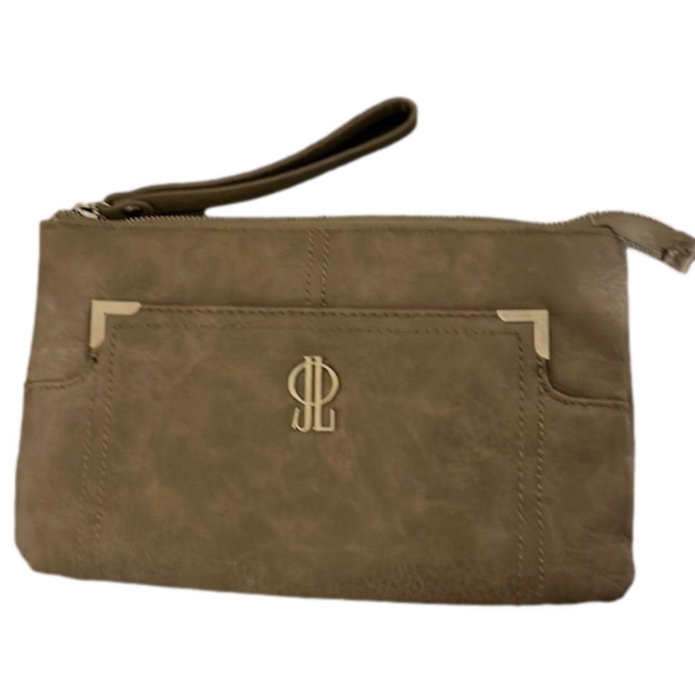 Jennifer Lopez Taupe Wristlet Clutch with Gold Hardware